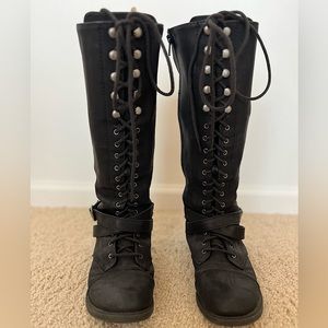 Black Knee High Pirate Boots SIZE 8 with Buckle Detail Lace Up with Zipper